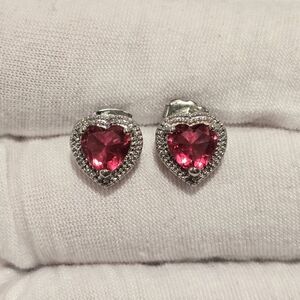 Heart Shaped Faux Ruby Cubic Zirconia Silver Tone Fashion Stud Earrings